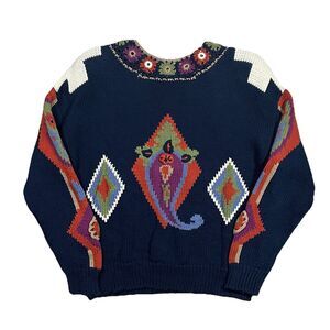 Vintage Colonial Row Hand Loomed & Embroidered Navy Sweater Size M Grannycore